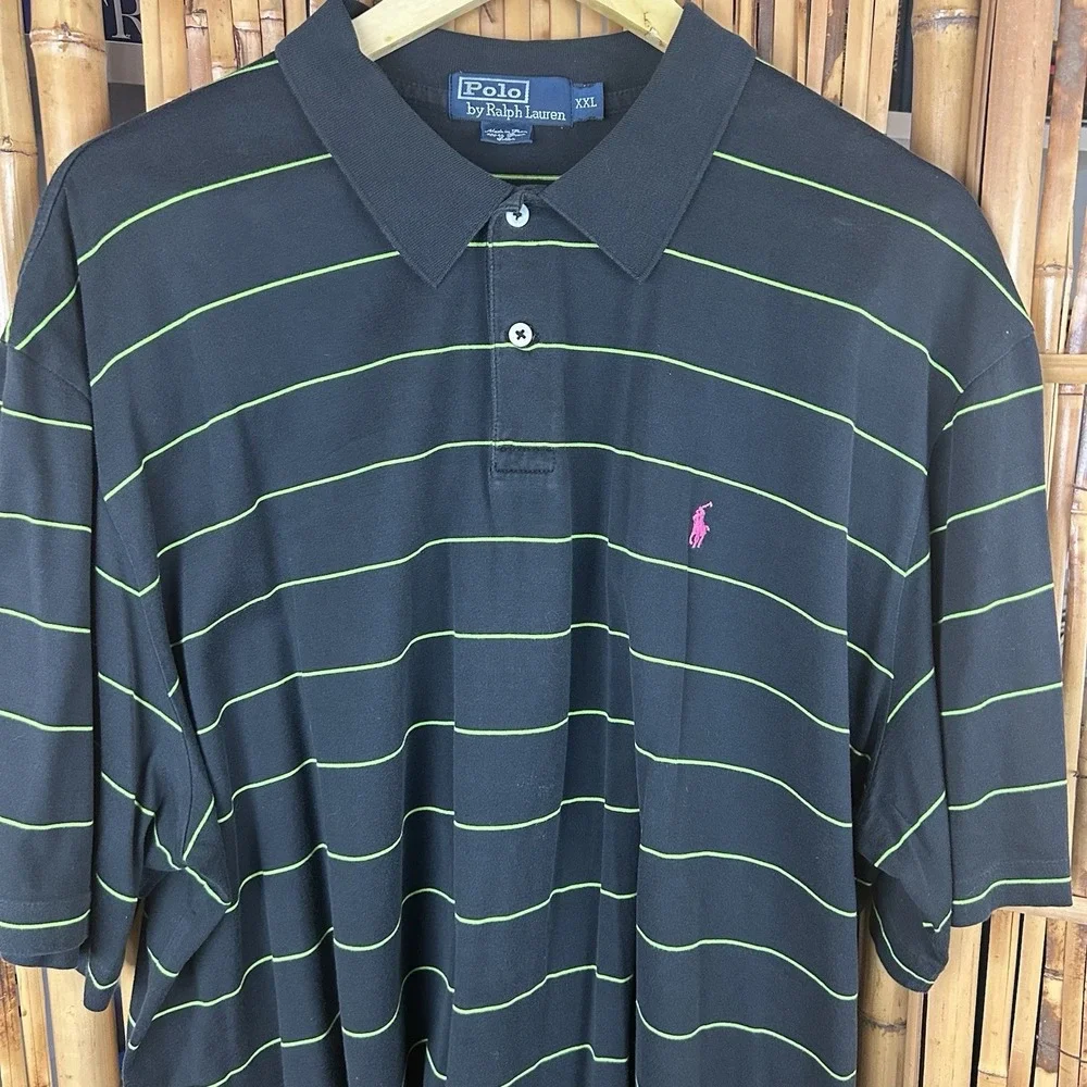 POLO Ralph Lauren Pima Cotton Black Green Stripe Pink Pony SS Preppy Shirt - XXL